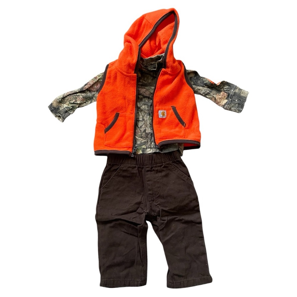 Carharrt Orange Hooded Vest with Camouflage Shirt and Brown Pants
